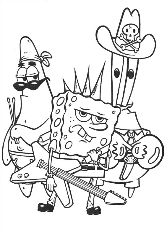 Desenho de Bob Esponja tocando com Patrick e Lula Molusco para colorir Desenho de Bob Esponja tocando com Patrick e Lula Molusco para colorir