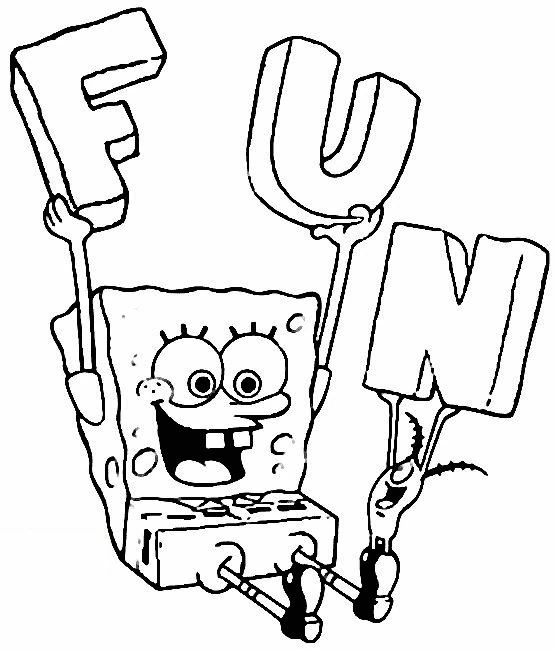 Desenho de SpongeBob SquarePants segurando as letras FUN para colorir Desenho de SpongeBob SquarePants segurando as letras FUN para colorir