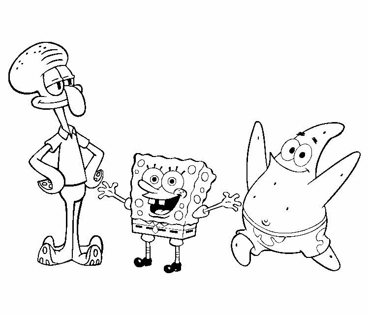 Desenho de SpongeBob SquarePants com Lula Molusco e Patrick para colorir