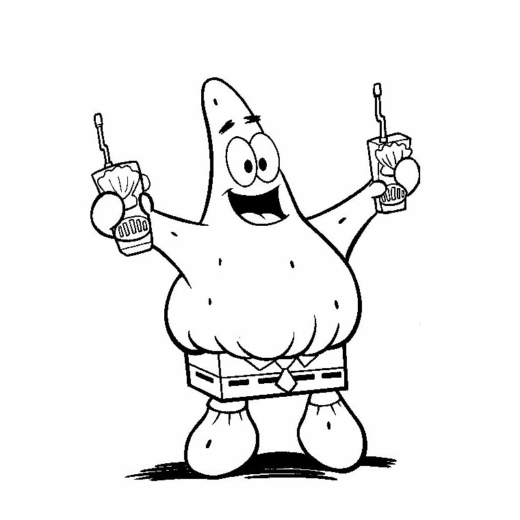 Desenho de SpongeBob SquarePants: Patrick com duas bebidas para colorir