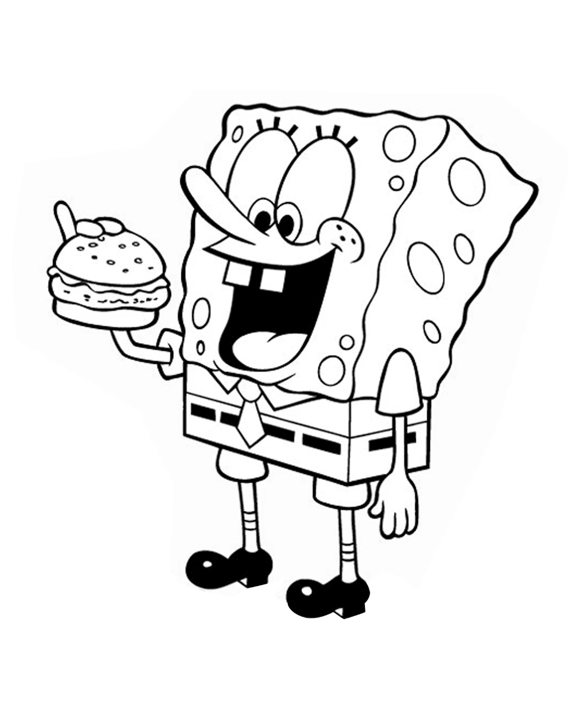 Desenho de SpongeBob SquarePants segurando um krabby patty para colorir