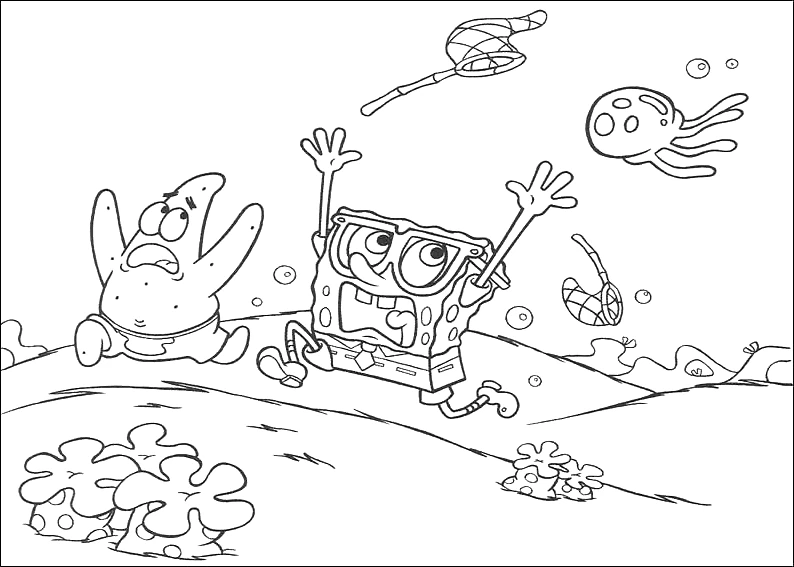Desenho de SpongeBob SquarePants e Patrick perseguindo águas-vivas para colorir Desenho de SpongeBob SquarePants e Patrick perseguindo águas-vivas para colorir