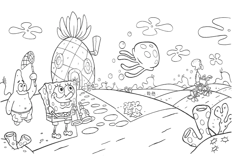 Desenho de Bob Esponja e Patrick perto da casa abacaxi para colorir