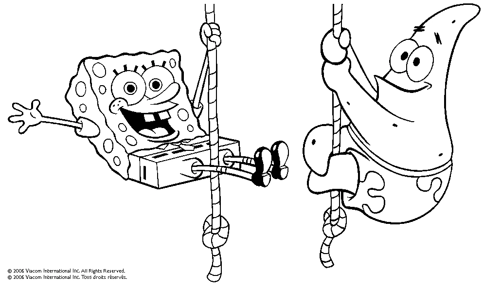 Desenho de SpongeBob SquarePants e Patrick escalando cordas para colorir