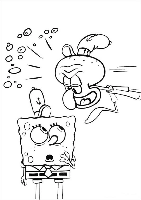 Desenho de SpongeBob SquarePants soprando bolhas perto de Lula Molusco para colorir Desenho de SpongeBob SquarePants soprando bolhas perto de Lula Molusco para colorir