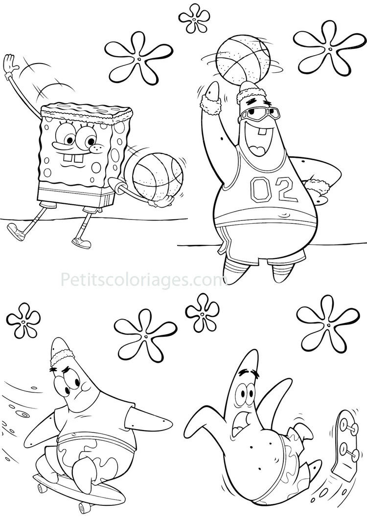 Desenho de SpongeBob SquarePants e Patrick jogando basquete e andando de skate para colorir