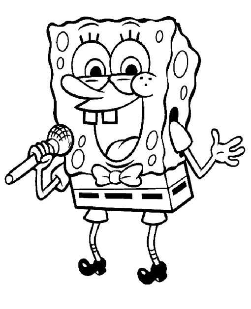 Desenho de SpongeBob SquarePants cantando com um microfone para colorir