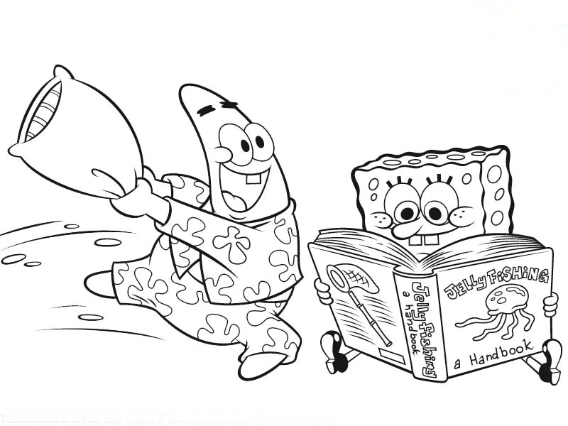 Desenho de SpongeBob SquarePants lendo enquanto Patrick balança um travesseiro para colorir