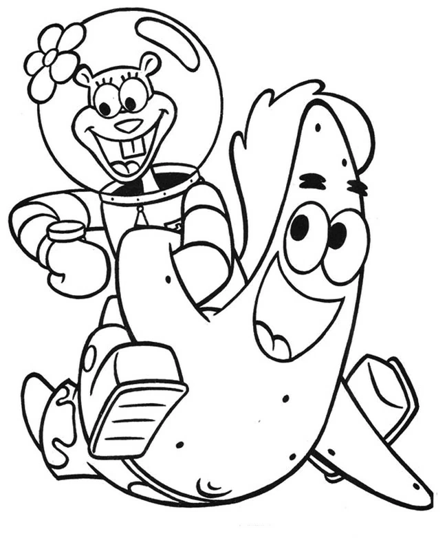 Desenho de Sandy Bochechas e Patrick Estrela se divertindo para colorir