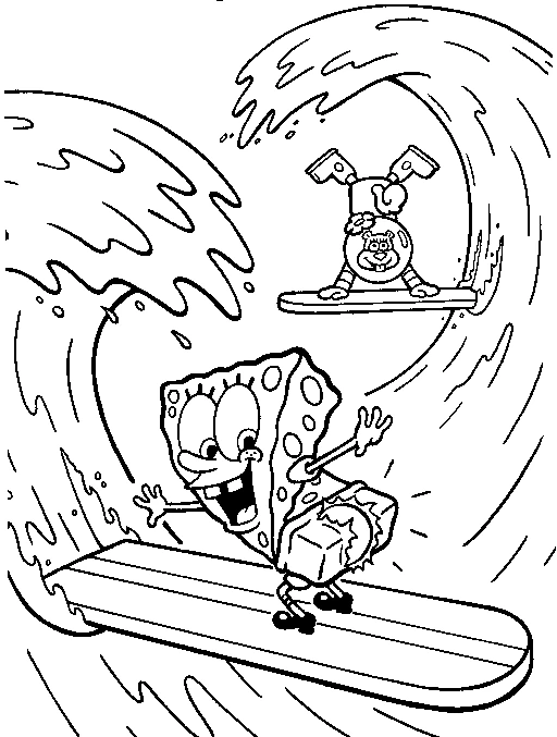 Desenho de SpongeBob SquarePants surfando em uma grande onda para colorir Desenho de SpongeBob SquarePants surfando em uma grande onda para colorir