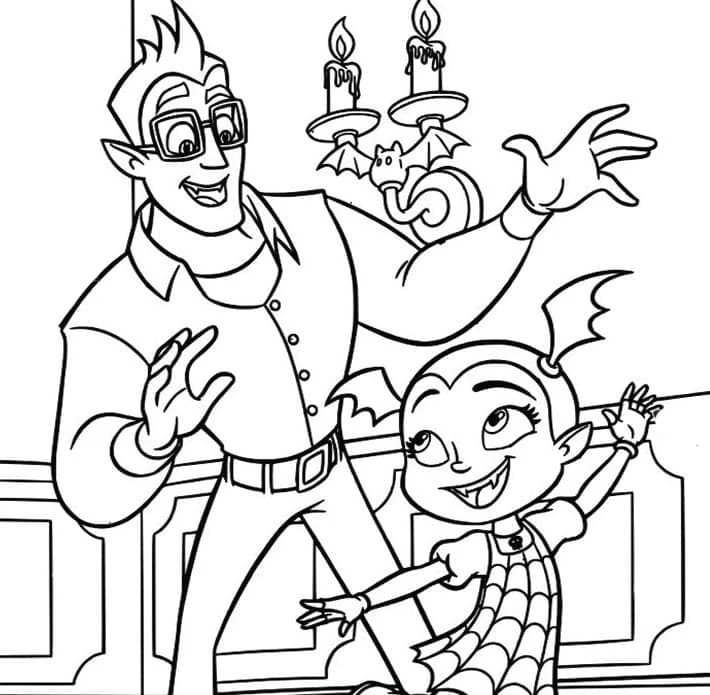 Desenho de Vampirina e seu pai saudando sorridentes para colorir