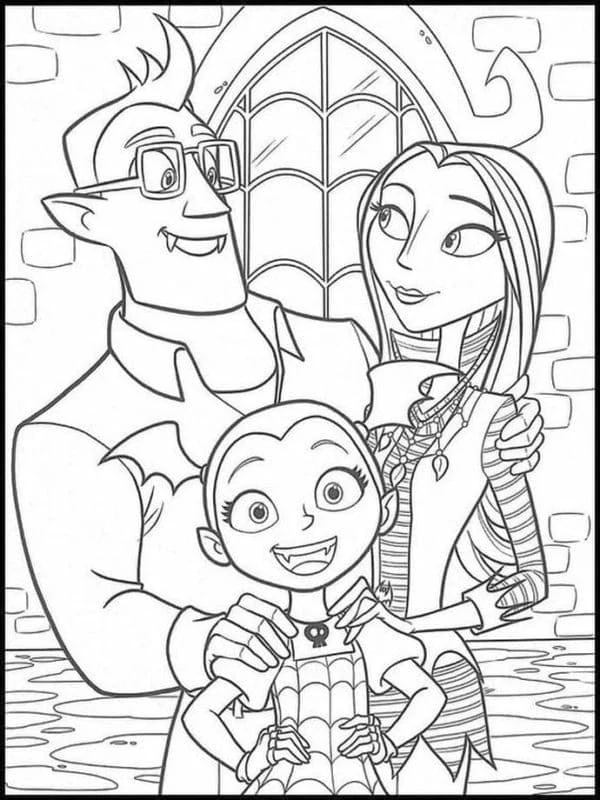 Desenho de Vampirina com os pais para colorir