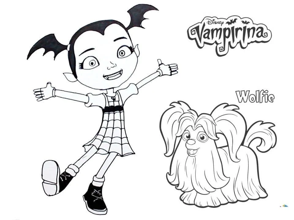 Desenho de Vampirina saltando alegremente com Wolfie para colorir Desenho de Vampirina saltando alegremente com Wolfie para colorir