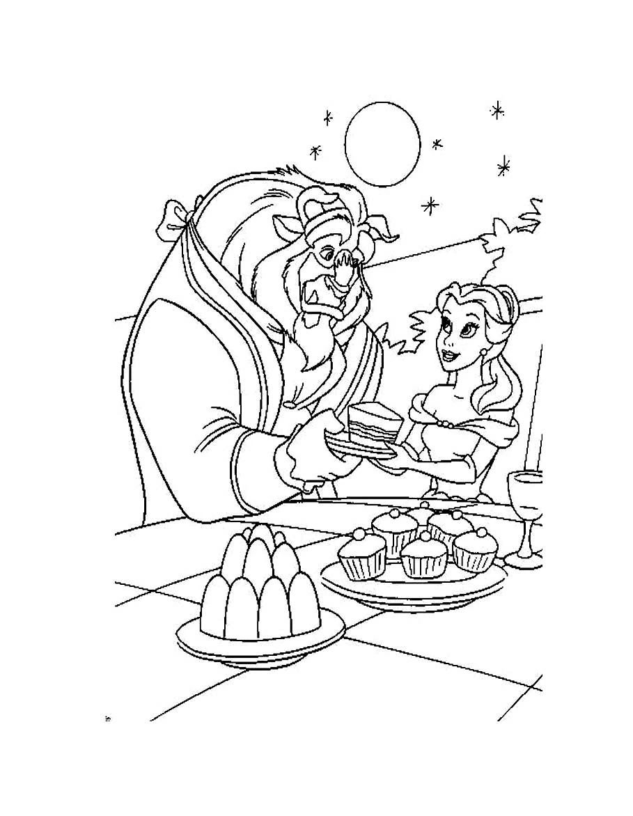 Desenho de A Fera servindo bolo para a Bela para colorir