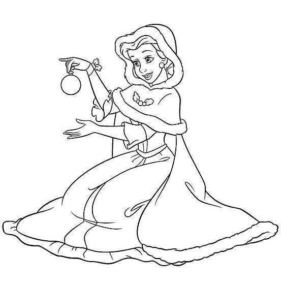 Desenho de Bela segurando um enfeite de Natal para colorir