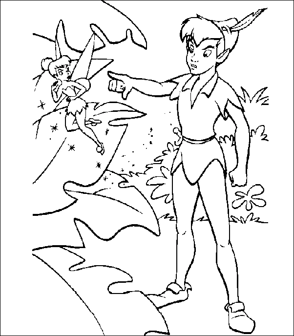 Desenho de Peter Pan apontando com Sininho voando por perto para colorir