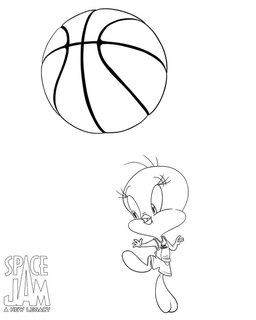 Desenho de Piu-Piu saltando sob uma bola de basquete para colorir Desenho de Piu-Piu saltando sob uma bola de basquete para colorir