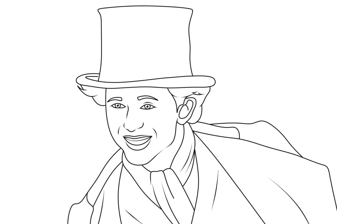 Desenho de Willy Wonka sorrindo com seu chapéu de cartola para colorir Desenho de Willy Wonka sorrindo com seu chapéu de cartola para colorir