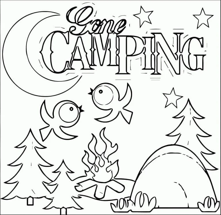 Desenho de Acampamento com fogueira e céu noturno para colorir