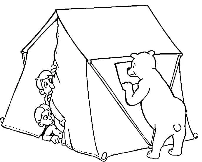 Desenho de Urso que espreita numa tenda com campistas assustados para colorir