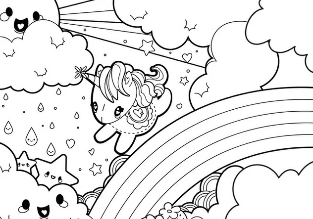 Desenho de Arco-íris com um unicórnio kawaii e nuvens para colorir