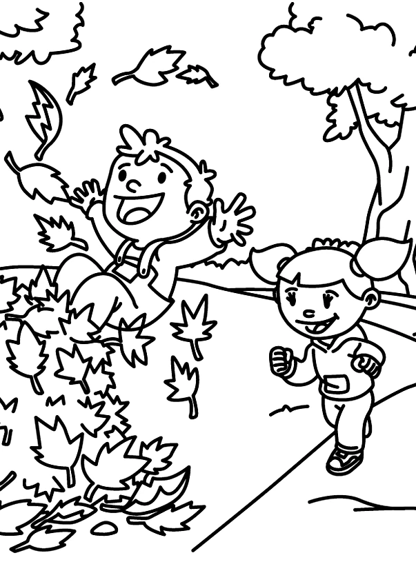 Desenho de Crianças brincando em uma pilha de folhas de outono para colorir