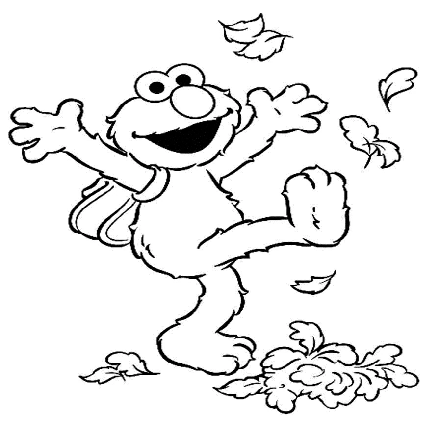 Desenho de Elmo brincando nas folhas de outono para colorir