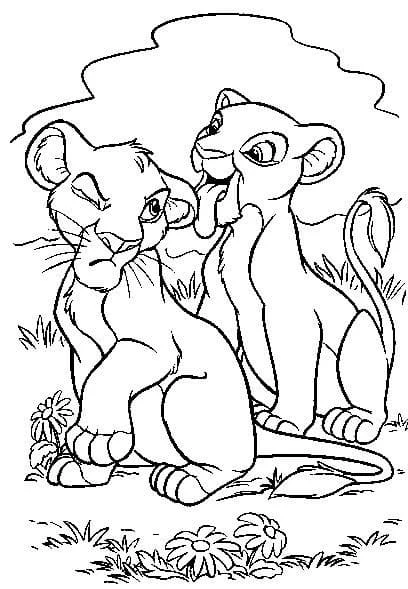 Desenho de Nala e Simba sentados juntos para colorir Desenho de Nala e Simba sentados juntos para colorir