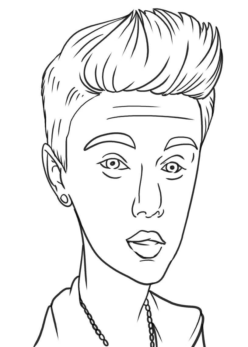 Desenho de Justin Bieber em retrato com cabelo estilizado para colorir