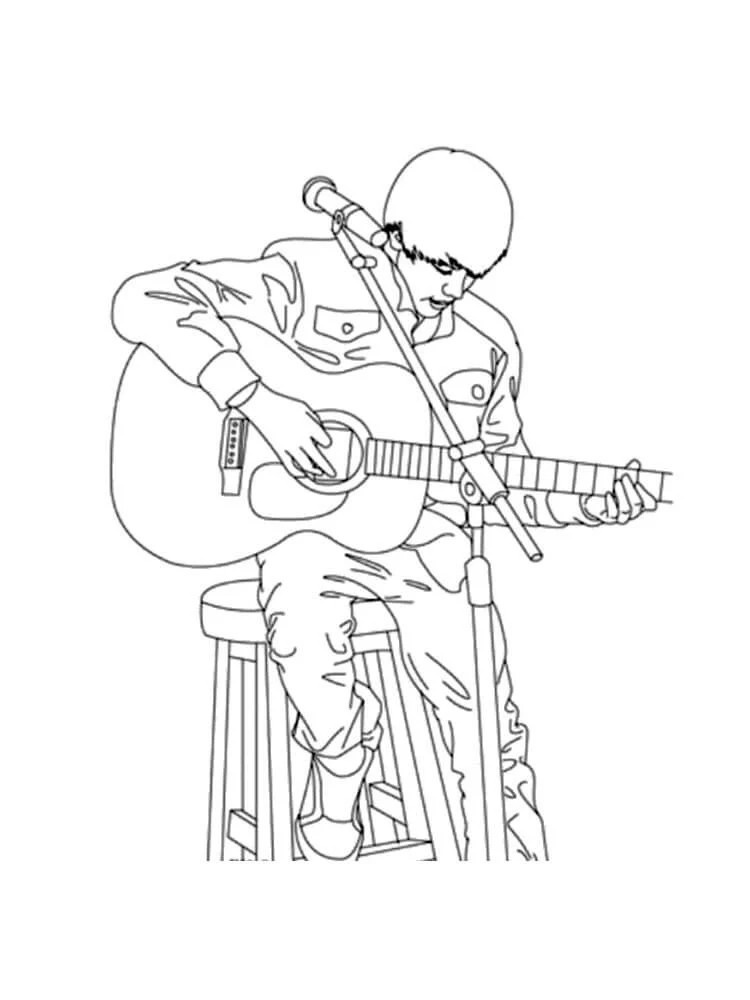 Desenho de Justin Bieber tocando violão em um banco para colorir