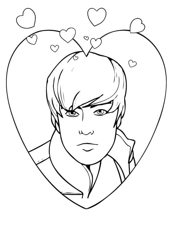 Desenho de Justin Bieber dentro de um grande coração para colorir