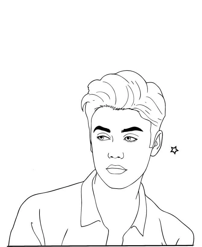 Desenho de Justin Bieber em retrato com cabelo estilizado para colorir