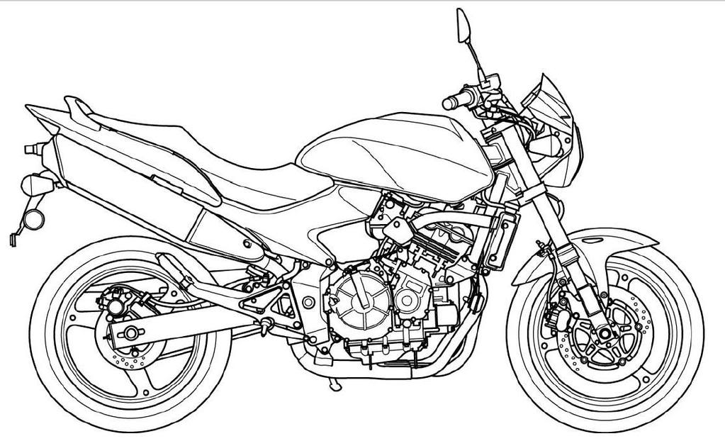 Página para colorir para crianças com personagem de desenho animado de moto