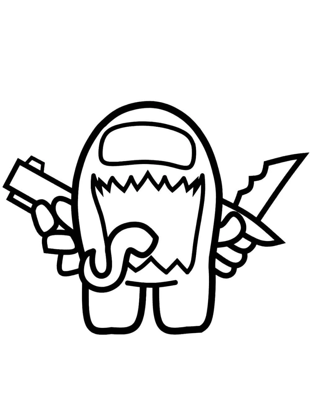 Desenho de Impostor de Among Us com pistola e faca para colorir