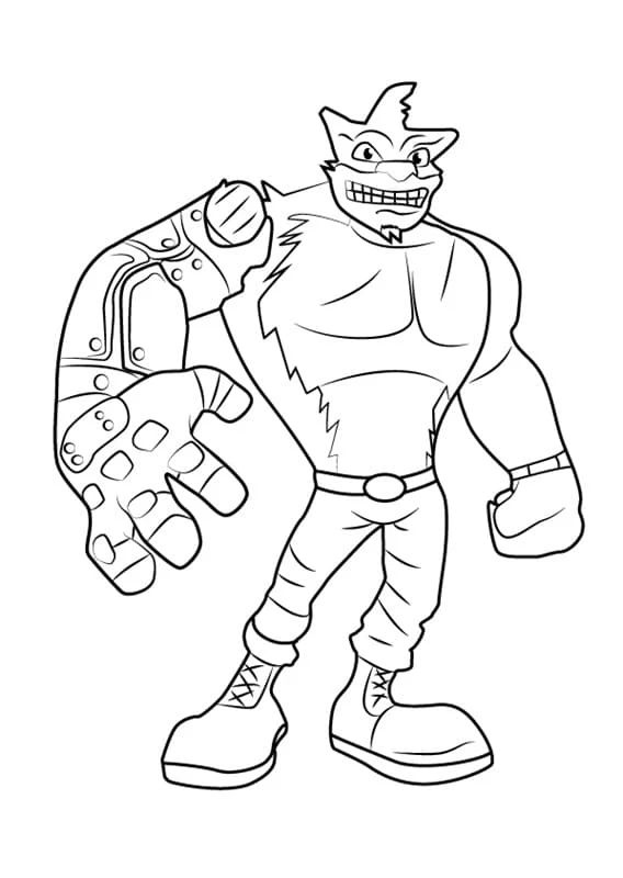 Desenho de Crunch de Crash Bandicoot com braço mecânico levantado para colorir Desenho de Crunch de Crash Bandicoot com braço mecânico levantado para colorir