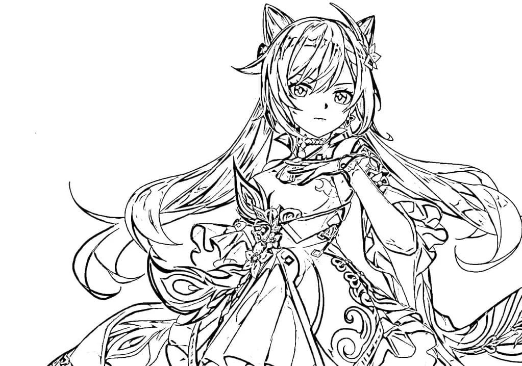 Desenho de Keqing em um vestido elegante e detalhado para colorir Desenho de Keqing em um vestido elegante e detalhado para colorir