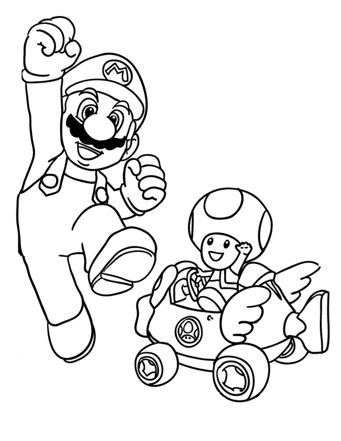 Desenho de Sapo dirigindo um kart ao lado de Mario para colorir Desenho de Sapo dirigindo um kart ao lado de Mario para colorir