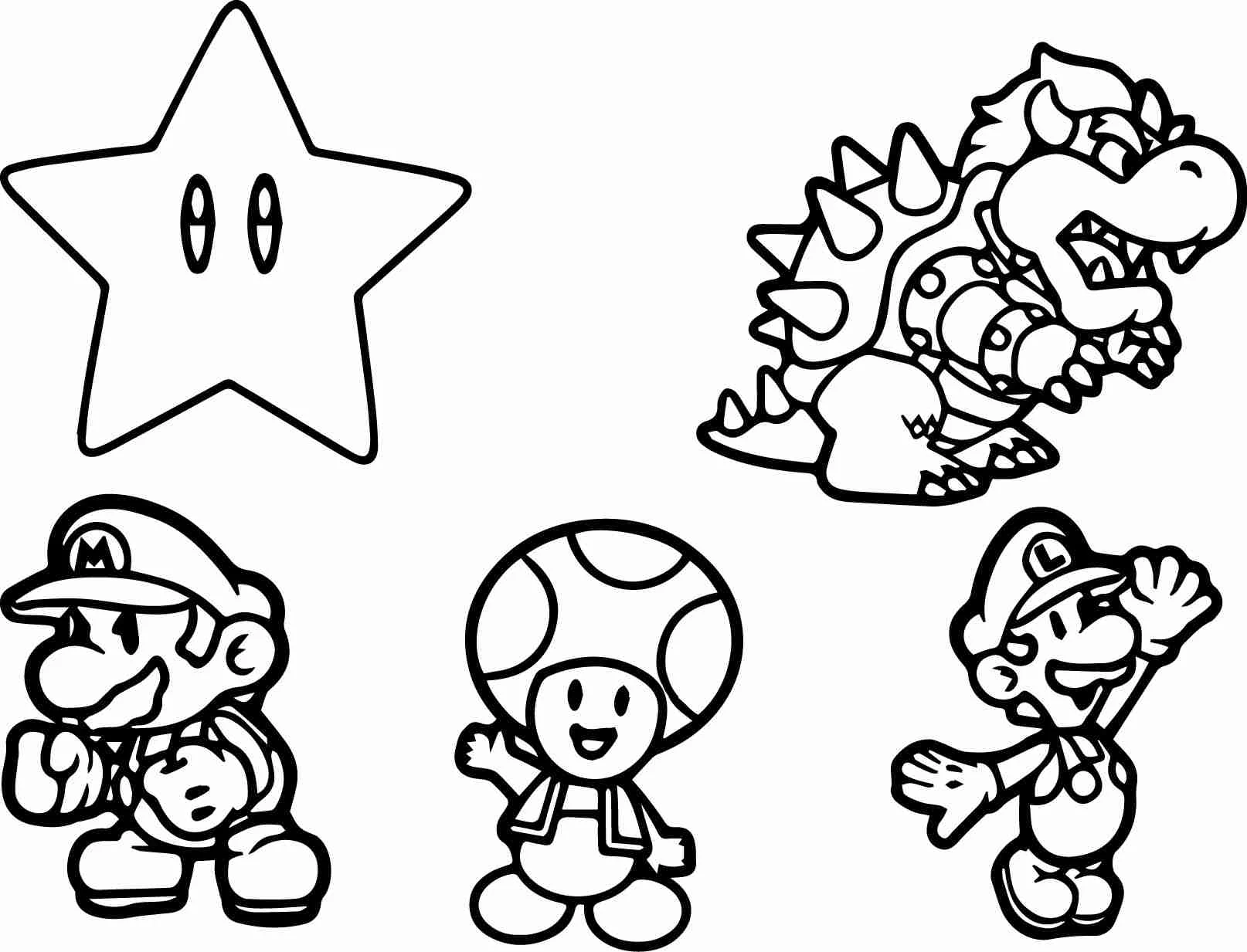 Desenho de Sapo com Mario, Luigi, Bowser e uma estrela para colorir