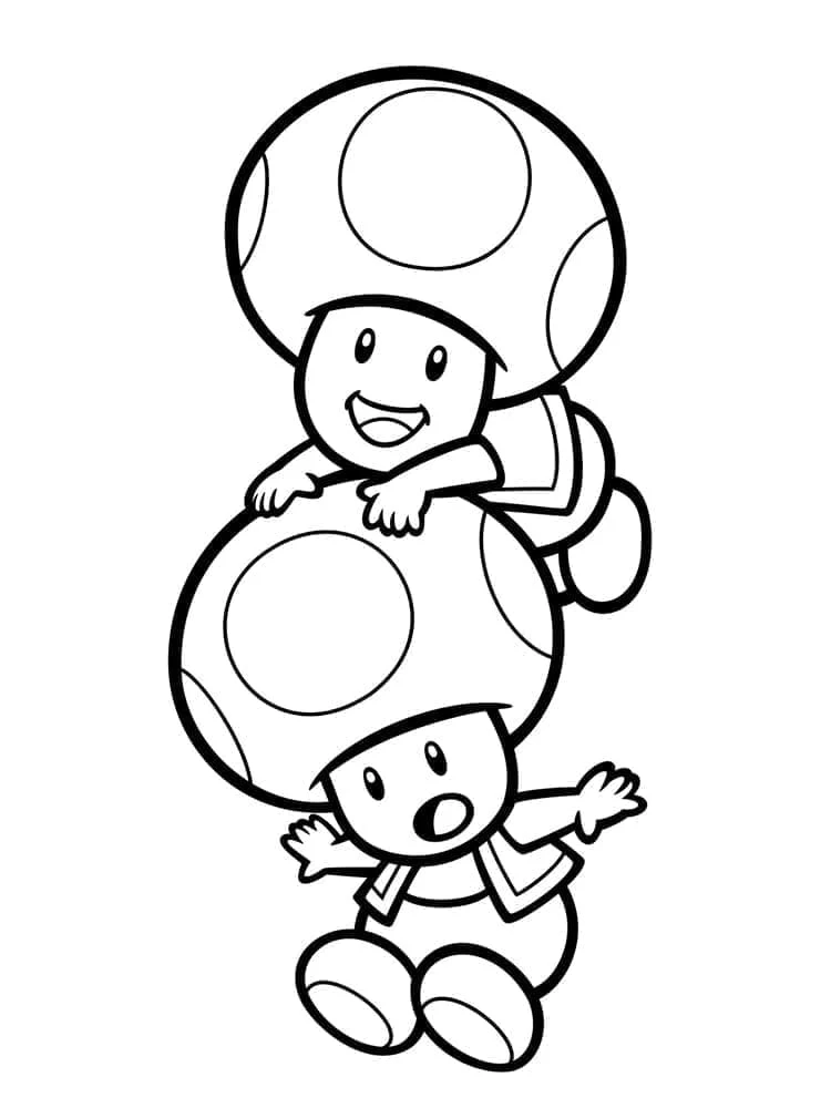 Desenho de Toad e seu amigo brincando um sobre o outro para colorir
