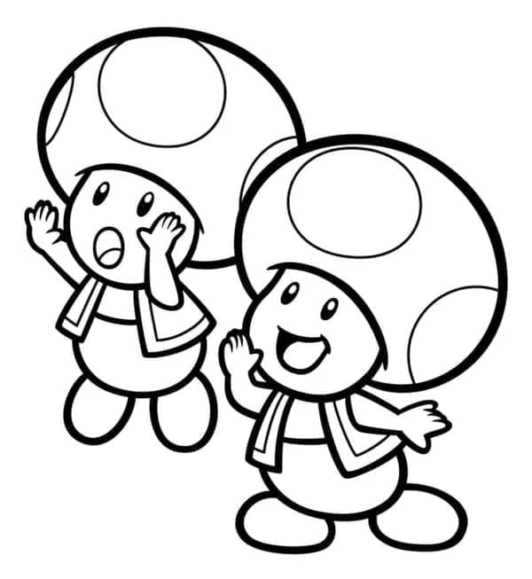 Desenho de Toad e um amigo surpreso de pé lado a lado para colorir