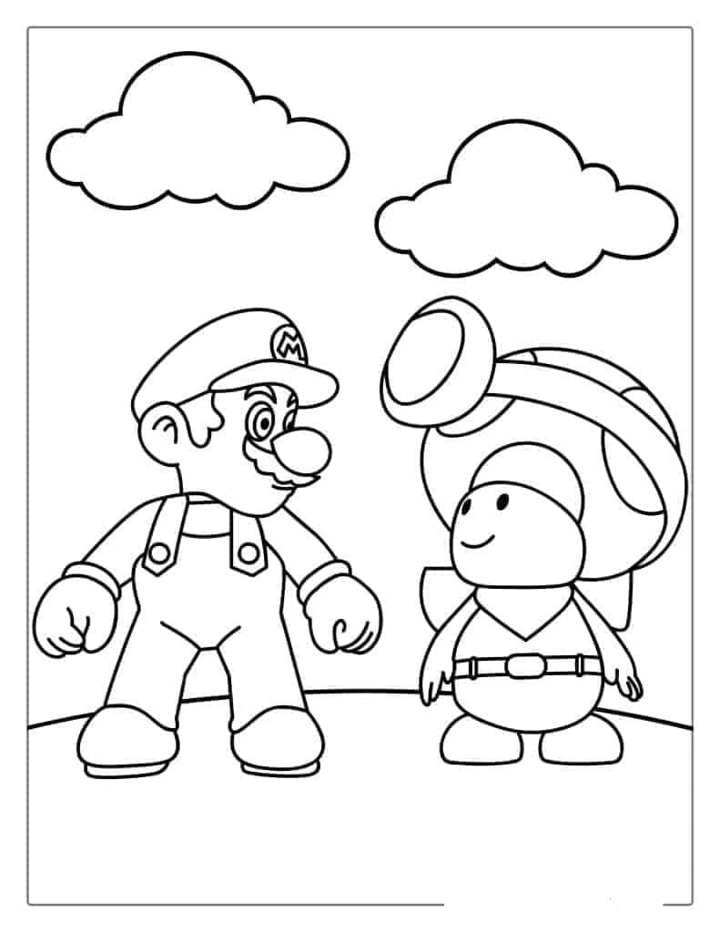 Desenho de Toad ao lado de Mario sob as nuvens para colorir