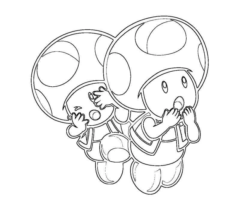 Desenho de Toad e um pequeno amigo cogumelo saltando juntos para colorir
