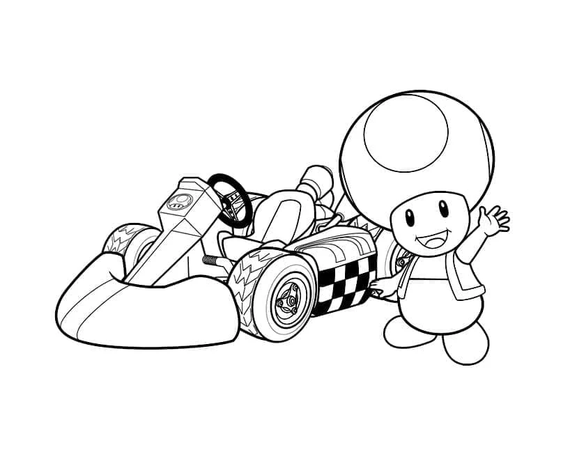 Desenho de Toad acenando ao lado do seu kart de Mario Kart para colorir