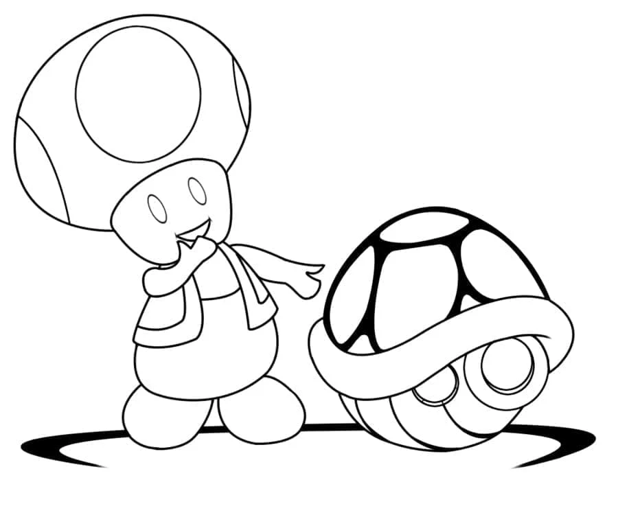 Desenho de Toad em pé perto de uma casca de tartaruga para colorir