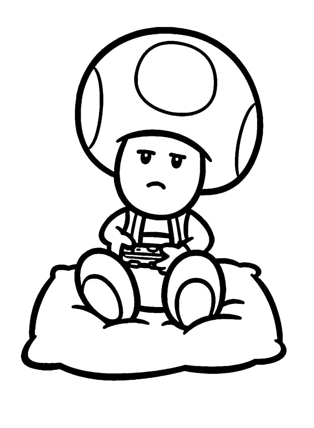 Desenho de Toad sentado em um cogumelo com expressão carrancuda para colorir