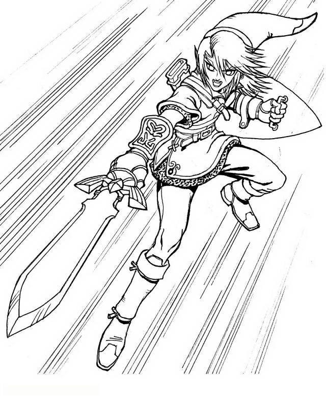 Desenho de Link saltando com sua espada e escudo para colorir